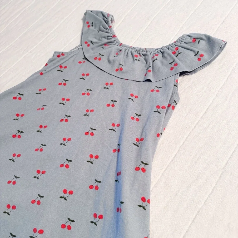 Hanna Andersson Girls Cotton Dress Size 8 130 Ruffle Neck Blue Cherries